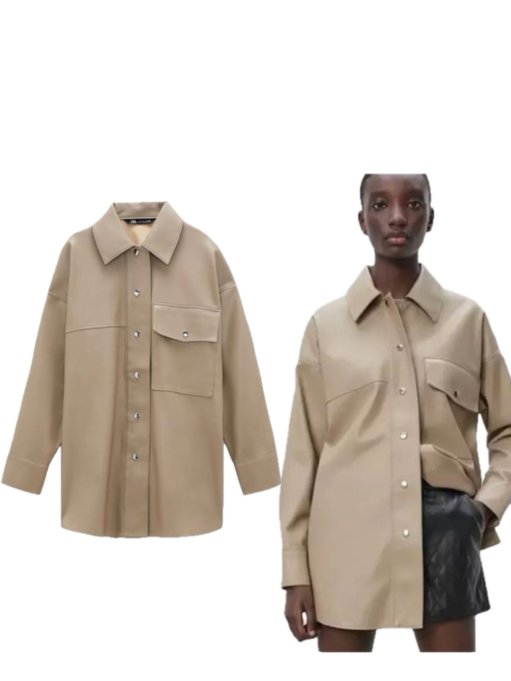 ZARA Faux Leather Oversized Shirt Jacket Beige Taupe Brown Sz M